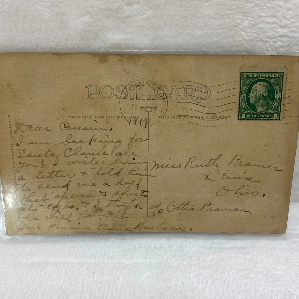 1919 Antique Postcard‎ Christmas Greeting Dear Cousin Ruth  Protective Sleeve